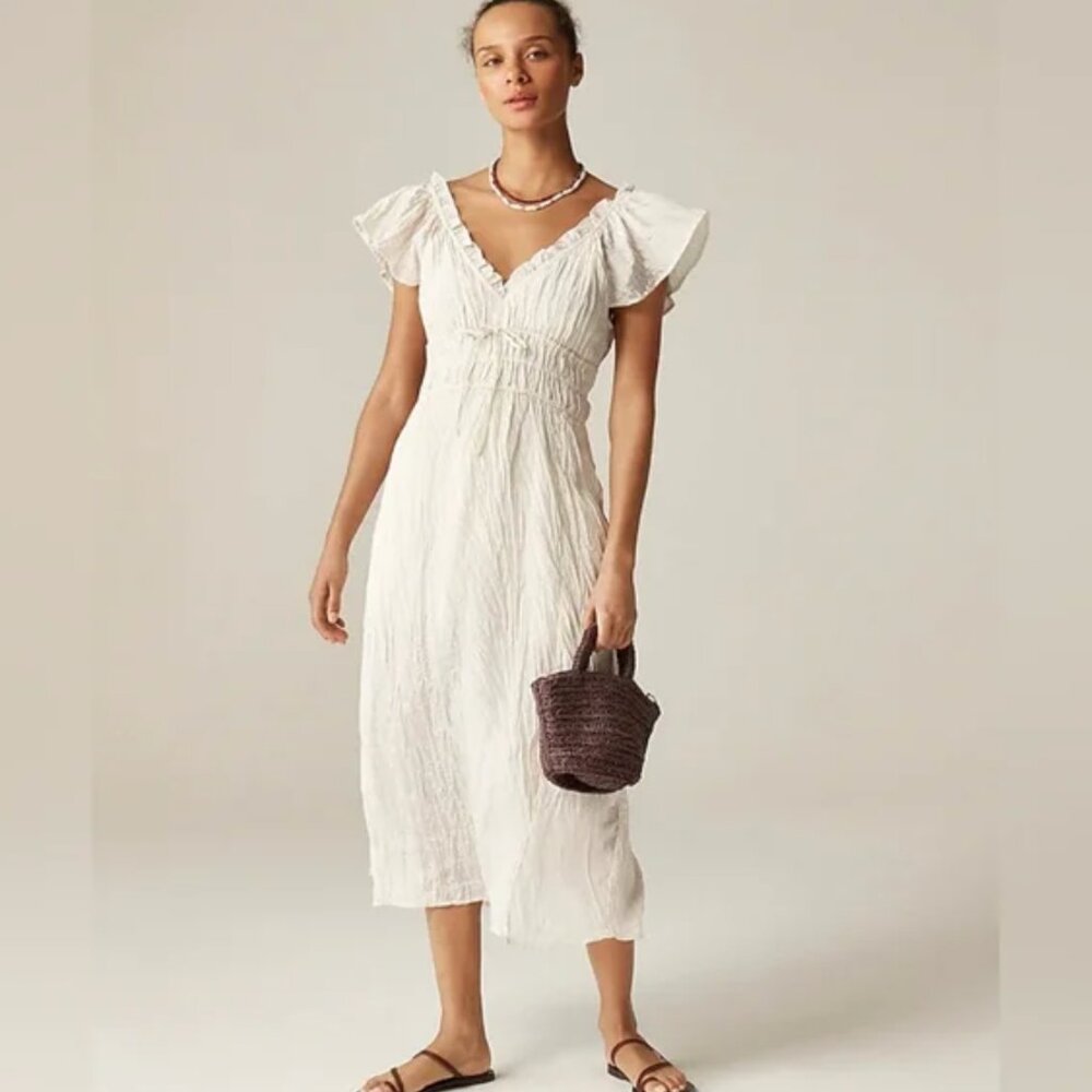 J.Crew cream flutter sleeve Palermo dress in viscose blend crinkle - Tall Large